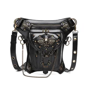 Fashion Rock PU Leather BLACK Shoulder Bag Vintage Gothic Retro Steampunk Waist Pack Shoulder Motorcycle Bag Handbag Leg Purse
