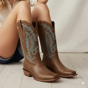 Utifu-Brown Mid-calf Cowgirl Boots with Turquoise Embroidery