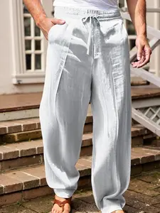 Men's Linen Pants, Elastic Waistband, Casual Fashion Fit Design, Summer Lightweight Beach Shorts with Belt Buckle and Pockets