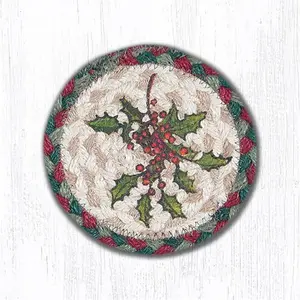 212 MAIN Round Jute Coaster - 5 in. Hand-Stenciled Holly Print, Stylish Kitchen Tableware Accessory, Round Coaster