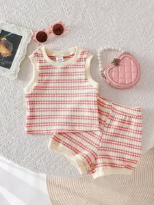 Baby girl's Striped Breathable Knit Vest Shorts Set, Sweet Fashion Design, Perfect for Vacation Wear, Comfortable and Stylish