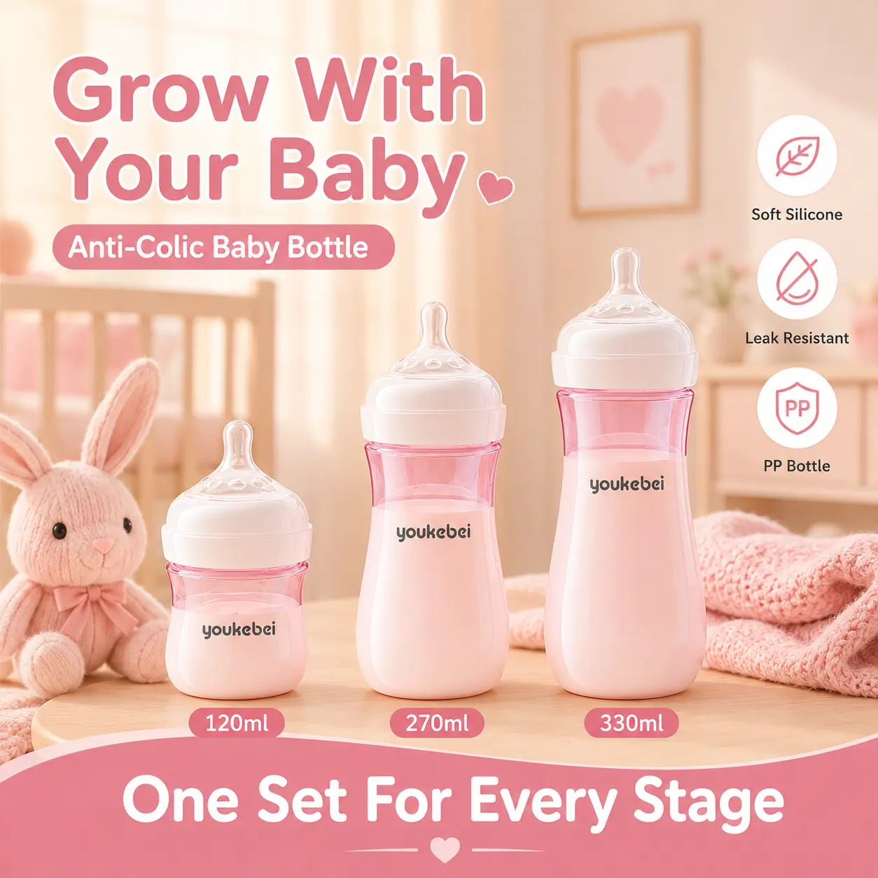 Anti-Colic Baby Bottles for Newborns, BPA-Free PP Feeding Bottles with Drop Resistant Design, Comfortable Nursing Bottles for Breastfed & Formula Fed Babies, Baby Shower Essentials（pink）