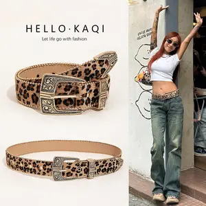 American retro leopard print spicy girl style belt for women with metal carved design, suitable for decorating skirts and jeans