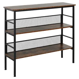 3-Tier Industrial Storage Shelf – Metal & Wooden Construction. Adjustable Feet for Uneven Floors. Metal Mesh Backing Prevents Items from Falling. Spacious Shelves for Books, Plants & Decor. Black