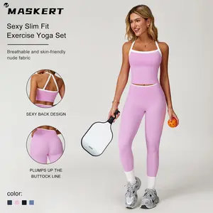 MASKERT Women's Two Piece Set Colorblock High Waisted Ribbed Casual Fitness Sportswear, Athletic Fashion Activewear, Versatile Gym Workout