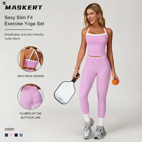 MASKERT Women's 2-Piece Set - Colorblock High-Waisted Ribbed Gym Workout Apparel, Yoga Sets, Athletic Workout Outfits for Casual Fitness & Outdoor Activities