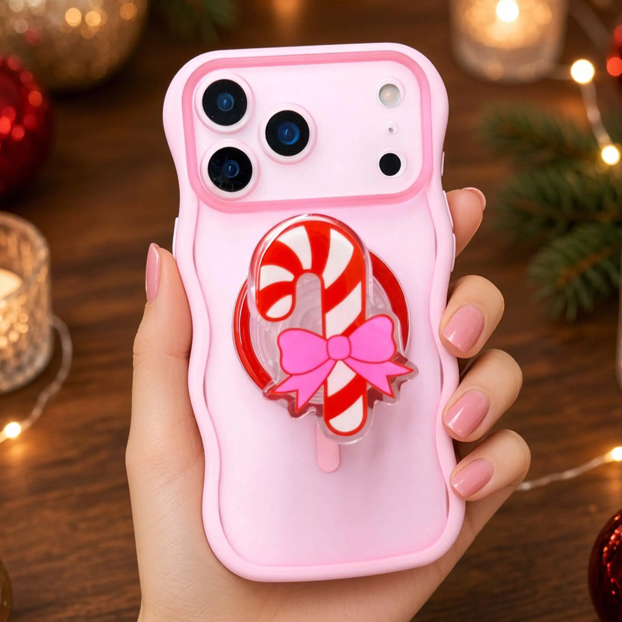 Christmas Aesthetic Holiday MagSafe Phone Grip Holder | Cute Red Bow Candy Cane & Mouse Ears Style phone stand Compatible with Strong Magnet | Pop-out Finger Ring for One-hand Hold and Selfies Handy | Coquette Xmas Gift for Girls HL