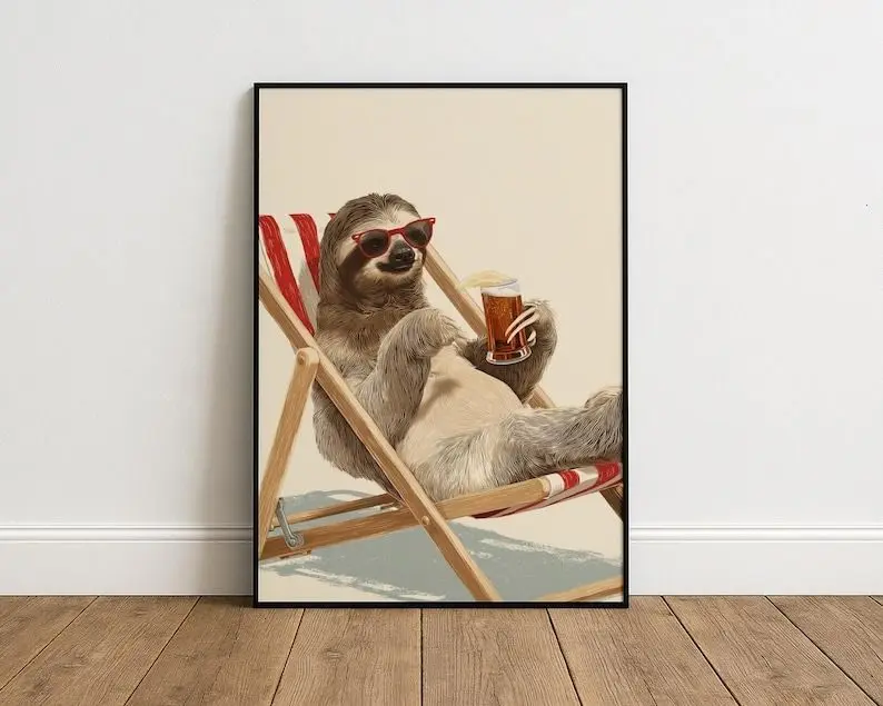 Funny Retro Sloth Paper Poster Print - 12x18 Artistic Wall Decoration with Mount for Home Kid Room, Office, Wardrobe