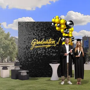 KEQU 4*6 FT black reflective wall background with 24 black sequin background decorative panels, photo background for birthday, Christmas, New Year, Valentine's Day, anniversary wedding engagement decoration (black) ceremony banner decoration