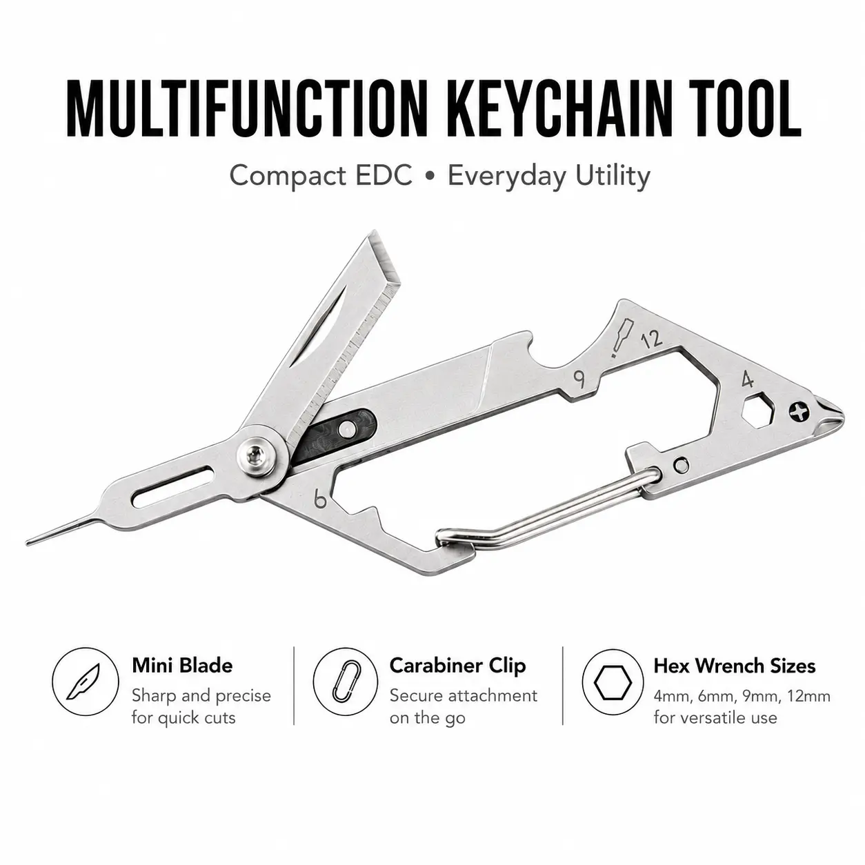 Summit Gear KeyUnity Stainless Steel 7-in-1 Multitool Carabiner Clip - Quick Release Clasp, Wrench, Cross Screwdriver, Slotted Screwdriver, Bottle Opener, Key Holder, Keychain