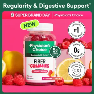 Physician’s Choice Fiber Gummies for Digestive Health & Regularity - Raspberry Lemon Flavor - No Sugar Added & Vegan - Daily Gummy for Adults