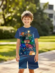 Boys' 3D Short Sleeve Set Pixel Castle Cartoon Character Print Casual Two-Piece, Perfect for Outdoor, Holidays, Birthday Gifts