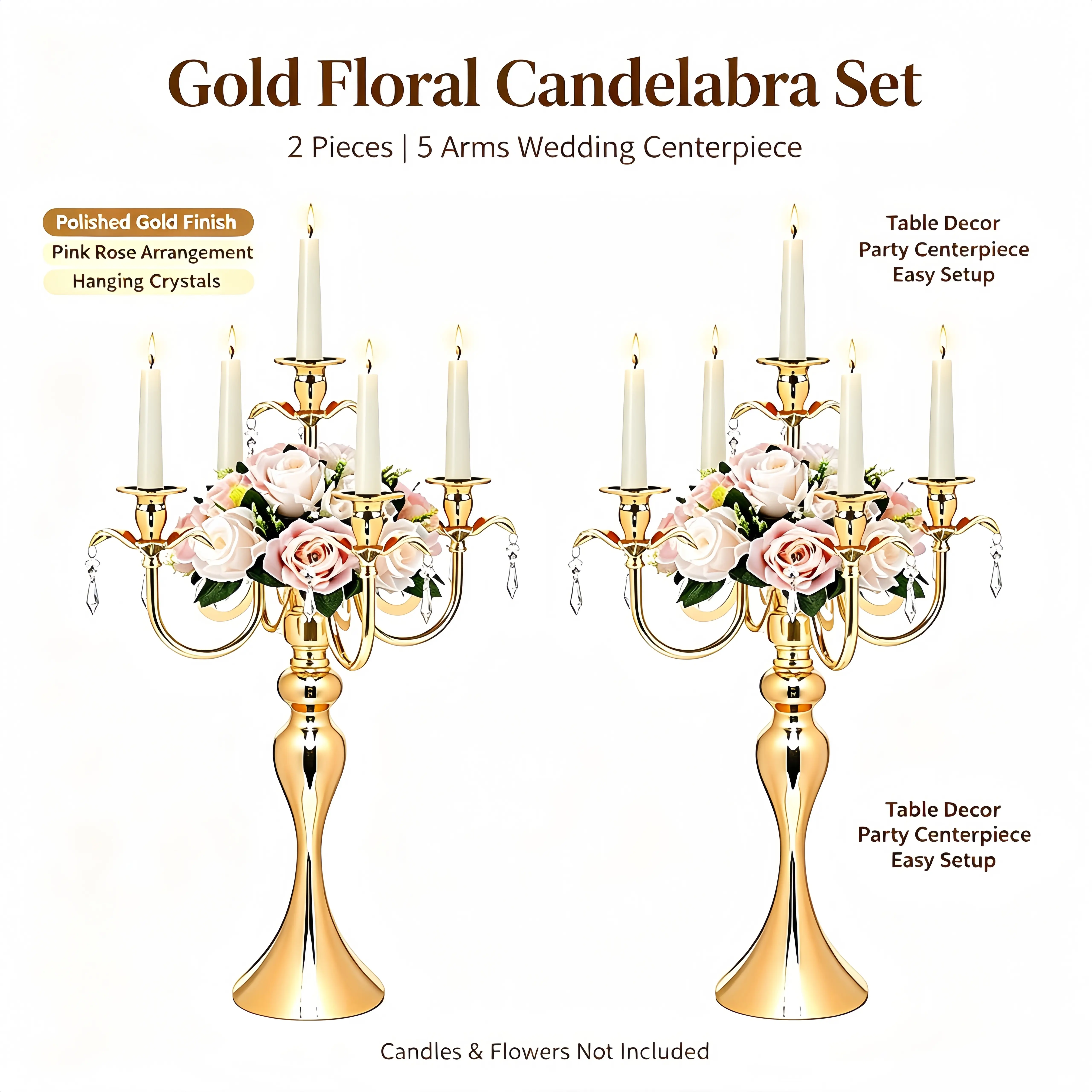 Gold 5-Arm Metal Candelabra with Sparkling Crystals, Classical Retro Candle Holder, Party Focal Point for Wedding, Christmas, Fall, Halloween, Ceremony, Birthday & Home Decor, Candles Not Included