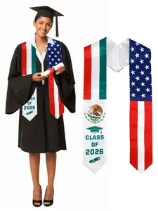 GraduationMall US / Mexico Country Flag Graduation Stole Print Sash for Study Abroad International Students Class of 2026 Silky SatinCapeShawl Set