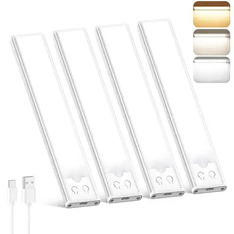 2/4-Pack Cordless Motion Sensor LED Under Cabinet Light Bars, USB Rechargeable 3-Mode Brightness Ambient Decoration Lamp with Soft Lighting, ABS Body, 3M Adhesive Tape for 2 Pieces Kitchen Setup, Home Supplies Night Light