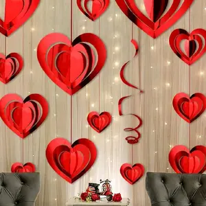 16pcs Red Heart Hanging Decoration For Marriage Proposal Wedding Romantic Decoration,Heart Ornament Decoration For Engagement, Valentine's Day, Birthday, Anniversary, With Red Ribbons