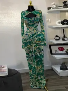 QFAF Women's Lady floral Printed Cut Out Front Bodycon Fitted Midi Dress, Long Sleeve, Chic, Elegant, Casual Cocktail Party Dress for Daily Outdoor Wear, Holiday Night Out Ruched Dresses, Vacation Street Clothing
