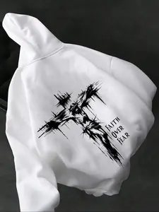 American Vintage Hoodie with Jesus Cross Print, Loose Fit Casual Top for Fall & Winter, Streetwear Style Medium Fabric Casual Hooded Sweatshirt