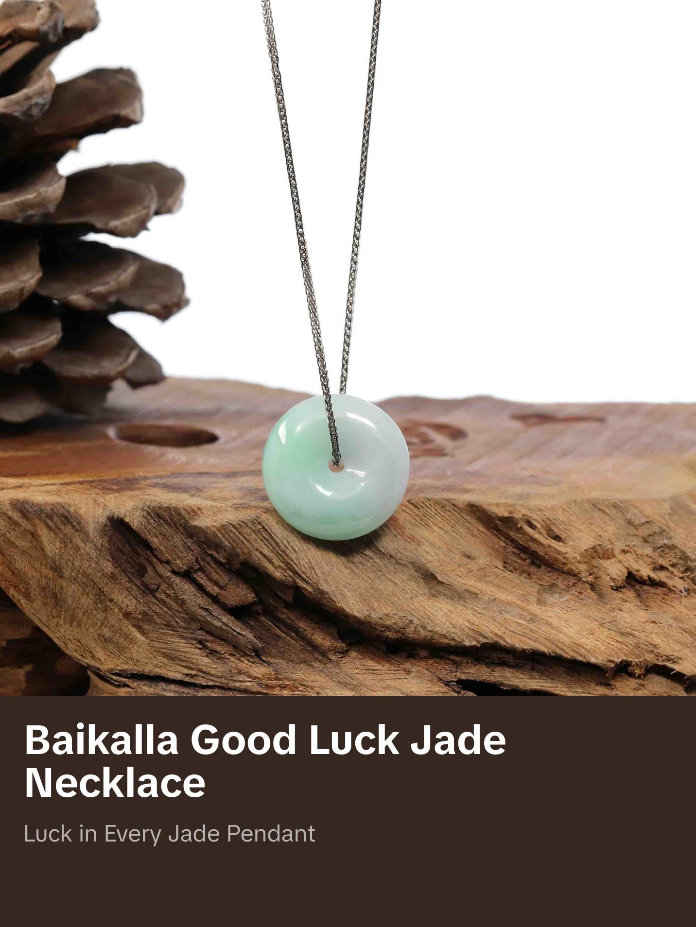Baikalla "Good Luck Button" Necklace White Green Jadeite Jade Lucky Ping An Kou Pendant