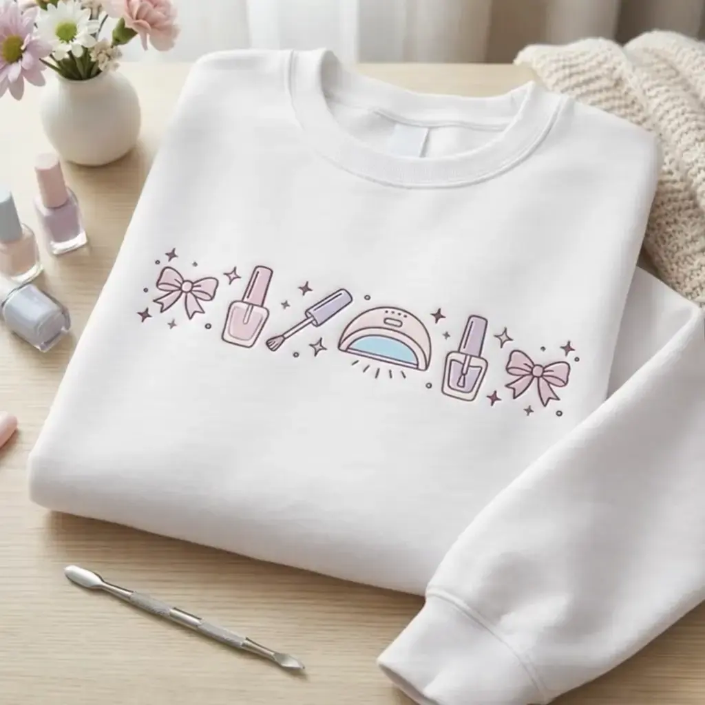 [MADE IN US] Cute Nail Art Embroidered Sweatshirt, Pink Beauty Aesthetic Sweater, Nail Tech Lover Gift, Cozy Girly Self Care Pullover