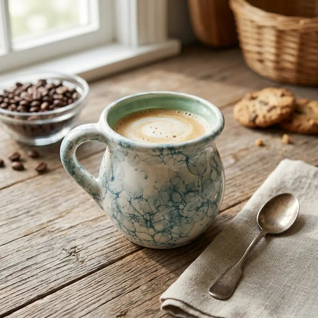 Handmade Lead-Free Glazed Green Ceramic Marbled Mexican Jarrito Mug - Rustic Kitchenware Drinkware for Coffee Bar, Anniversary Gifts, Wedding Gifts, Cantarito-Style Drinks