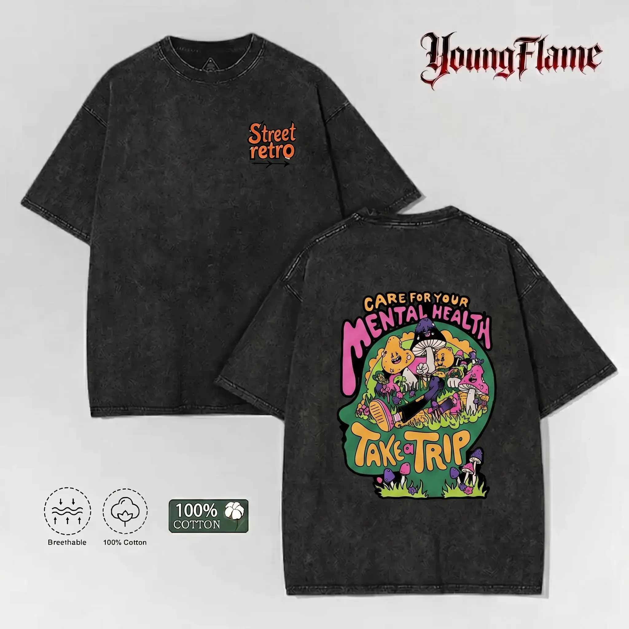 Trippy Mushroom Mental Health graphic tee | Psychedelic Retro t shirt | Indie streetwear | Fun gifts for him loose fit summer casual shirt