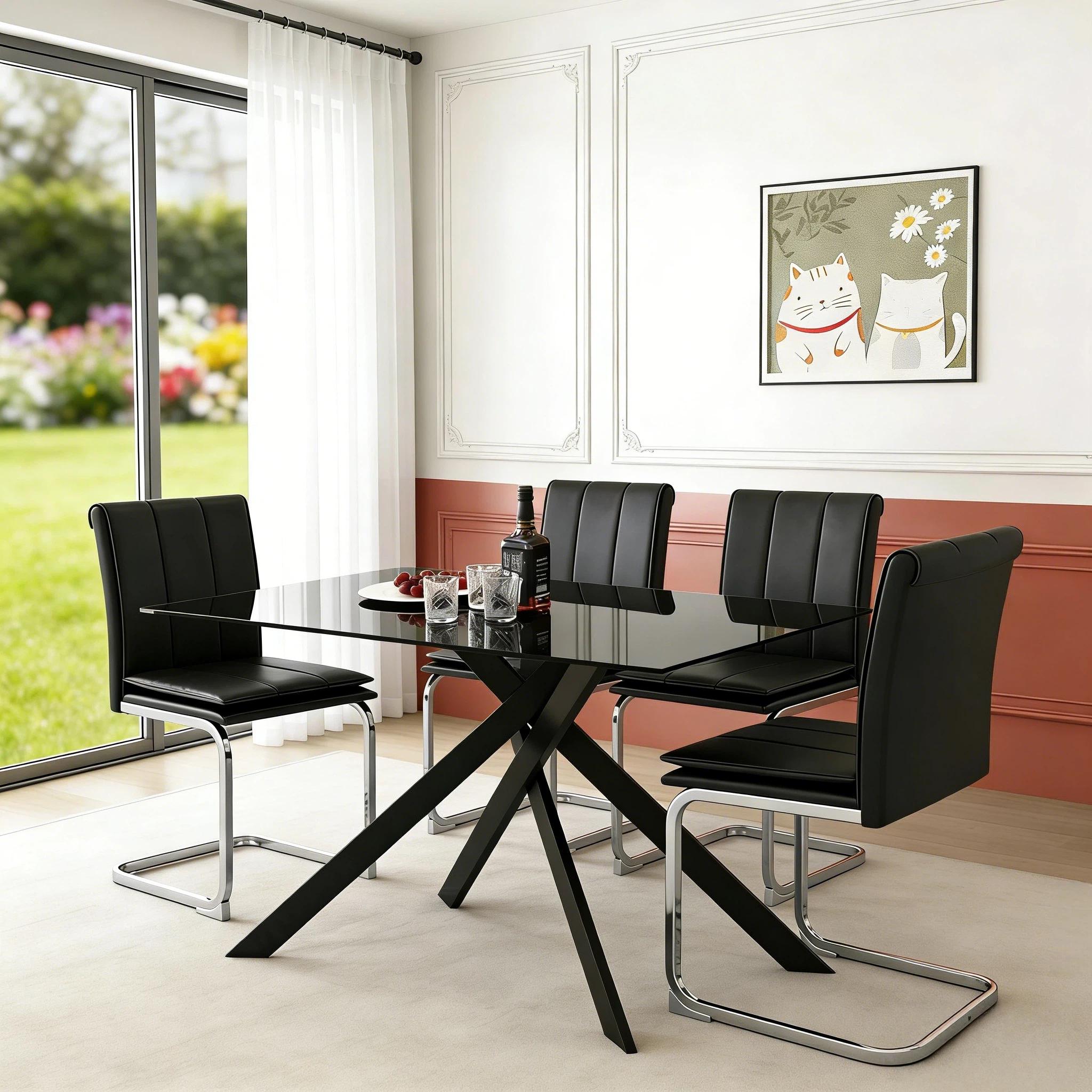 51.18 "Rectangular Glass Dining Table with Clear Tempered Glass, Golden Plated Tubular Metal Legs with Adjustable Leveling Feets, Kitchen Table for Dining Room,Dinner Table（ONLY TABLE）