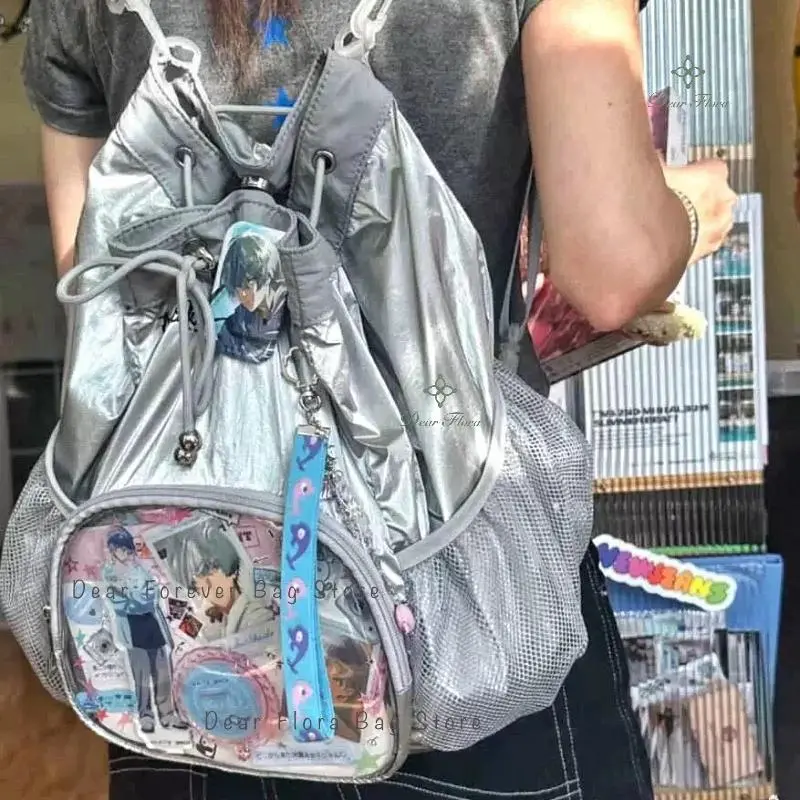 Women's Y2K Silver High-Capacity Nylon Casual Ita Backpack - Female Drawstring Bag with Shoulder Strap, Cute Transparent Panel, Cute Girl Look for Travel/School (Black Option Available)