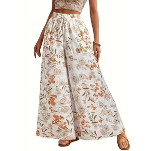 Boho Elastic High Waist Pants | Women’s Flowy Wide Leg | Beach Print Casual Lounge Pants