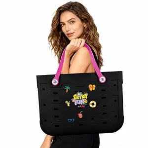 Black Large Capacity Cartoon Rubber Beach Bag in Multiple Colors & Sizes Easy to Clean for Supermarket Shopping Vacation Travel & Swimming Pool Use Cartoon Cute Fashionable Design
