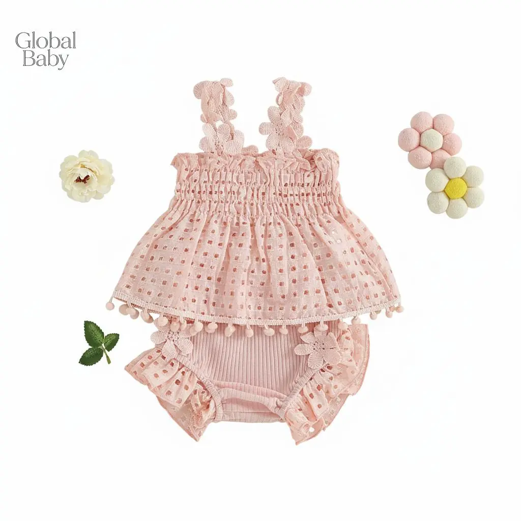 Global Baby Toddler Baby Girls  swimsuit with open lace trim and adjustable straps for baby baby halter-style swimsuit Summer Outfit Solid Color Cutout Pleated Tank Tops