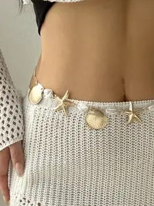 Elegant Pearl Shell Starfish Metal Waist Chain, Unique Fashionable Summer Beach Accessory, Metallic Stylish Design, Perfect for Casual