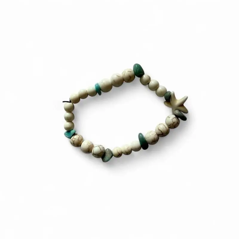 Handmade Starfish Stretch Bracelet with Marble Effect Sea Stone - Stretch Fit, Earthy Boho Coastal Jewelry, Marine, Mediterranean, Moon Sun Star Motifs Bracelets & Bangles, Casual Wear, Marine Bracelets & Bangles