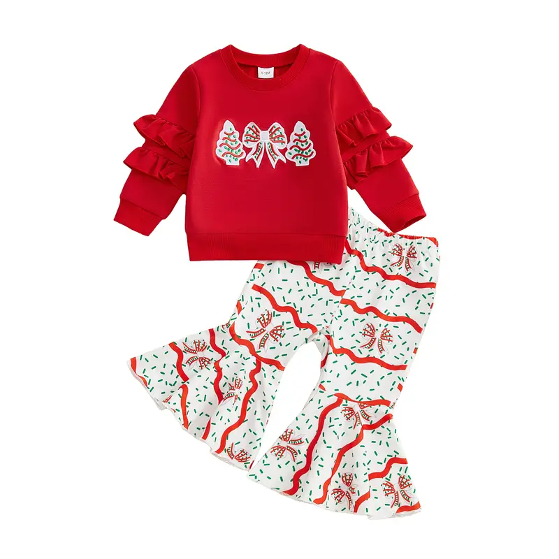 Cute Baby Girl Clothes 2-Piece Lullaby Outfit for Toddlers, Christmas Tree Embroidery Long Sleeve Pullover with Printed Bell Bottoms
