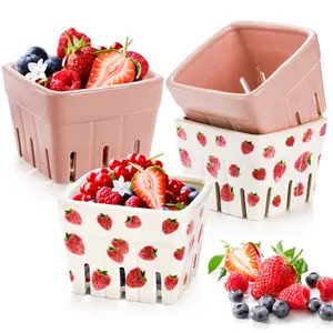 4 Pack Ceramic Berry Basket  Square Fruit Strawberry Kitchen Bowl Containers Cute Stoneware Colander Bins For Veggie Berries Fruits Home Decor