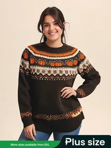 Women's Halloween Loose-Fit Casual Sweater, Plus Size Pumpkin Pattern Pullover, Round Neck Long Sleeve Knitwear, Ladies Fashion
