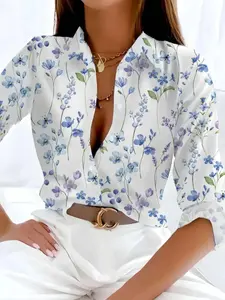 Women's Floral Print   Shirt, Casual Fitted Long Sleeve Collared Top for Holiday Vacation Daily Wear, Ladies Clothes for All Seasons