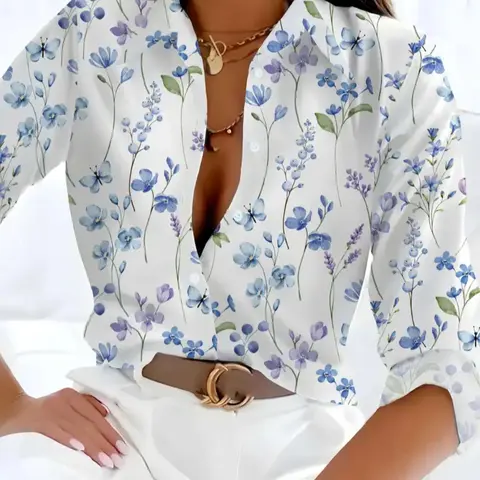 Women's Floral Print   Shirt Blouse, Casual Fitted Long Sleeve Collared Top for Holiday Vacation Daily Wear, Ladies Clothes for All Seasons