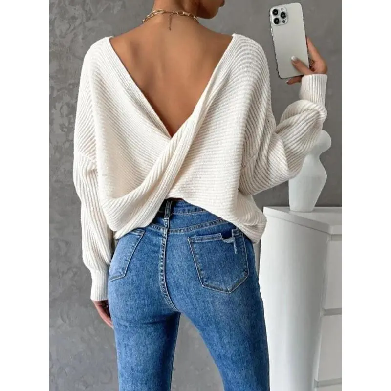 Women's Plain Wrap Backless Drop Shoulder Long Sleeve?Sweater,  Trendy Elegant Scoop Neck Jumper for Spring & Fall, Women's Knitwear for Daily Wear