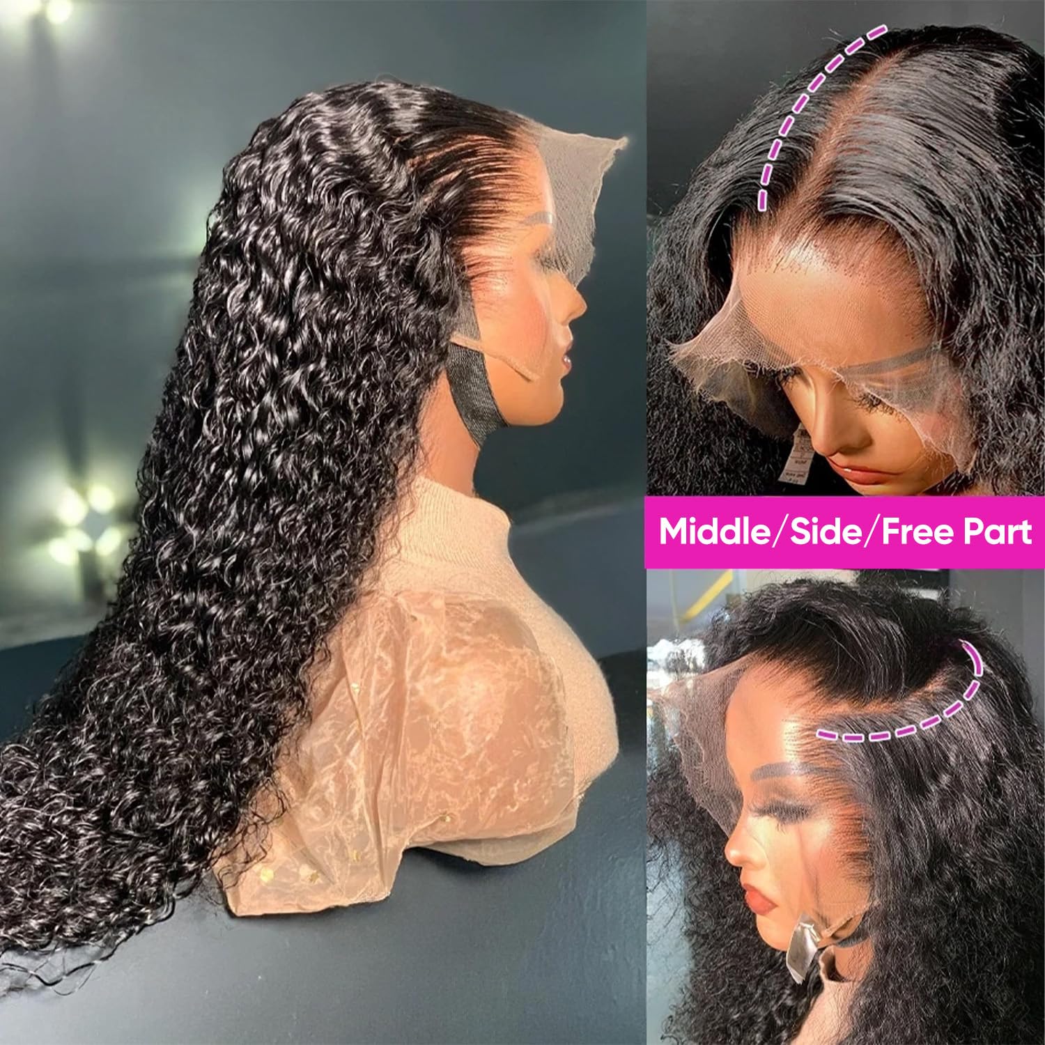 40 38Inch Deep Wave Glueless Lace Front Wigs Human Hair 180 Density 13x4 HD Transparent Lace Frontal Wigs Human Hair Pre Plucked Deep Curly Glueless Wigs Human Hair for Women Natural Black