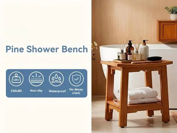 Sweetcrispy Teak Wood Compact Multifunctional Portable Stool - Waterproof, Non-Slip, with Shelf & Handle, Easy Move, Ideal as Shower Stool for Inside Shower & Small Bathrooms