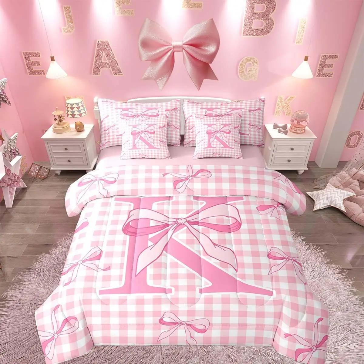 Pink Checkered Bow Comforter Set with Sheets Cute Bow 7 Pieces Bedding Set Personalized Initial K Bed in a Bag Room Decor Soft Lightweight Microfiber
