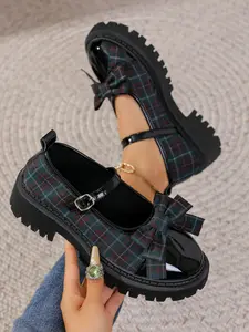 2026 New Women's Plaid Bow Mary Jane Shoes, Chunky Sole Buckle Casual Walking Shoes, Fashionable and Comfortable Footwear for Daily Wear