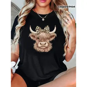 , Women'S  T-Shirt - Cute Highland Cow & Leopard Print Bow Graphic - Soft Crew Neck Casual Everyday Top - Lightweight Spring/Summer Shirt - Animal Graphic Tee For Women, Spring Fashion, Playful Design, Stretchy Fit, Printed Blouse, Fashion Lovers