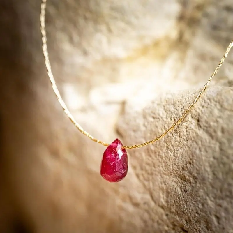 Hippiechic by OP Gold String Choker Necklace, Red Teardrop Real Semiprecious Stone Pendant, Aesthetic Appeal, Understated Elegance, Simple Elegant Design, Gold Gemstone Necklaces, Red String Necklaces