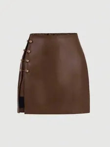 Side Slit Metal Trim Faux Leather A-Line Short Fitted Skirt, Womenswear, Bottom, Vintage, Elegant, Fall Fashion, Sexy Skirt, PU Leather Dress