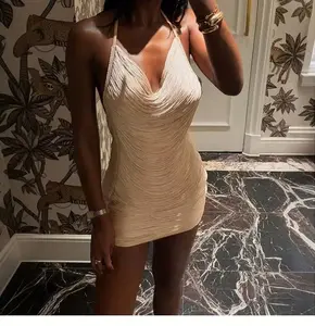 Champagne Ruched Halter Mini Dress