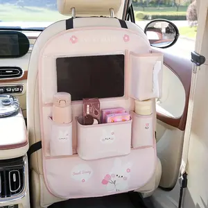 Car Seat Back Storage Bag with Kick Pad, Cute Cartoon Design, PVC Material, Includes Bottle Holder & Accessories, Girly Car Accessories