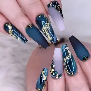 Long Marbled Fake Nails Coffin Dark Green Press-On Nails Acrylic False Nails with Self Adhesive Sticker (24pcs)