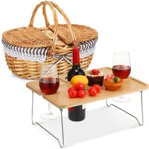 Picnic Basket with Foldable Wine Table Kit, Handmade Wicker Basket with Lid Handle Portable Bamboo Tray Table for 2 Outdoor Camping Picnic Wine Set Gift for Couples (Black and White)